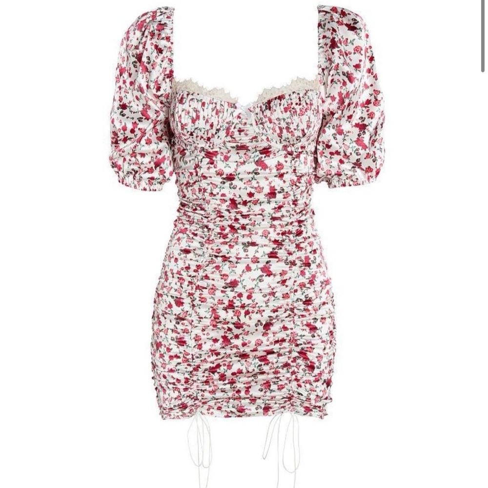 For Love & Lemons Melrose Ruched Red White Floral Mini Dress Size Medium